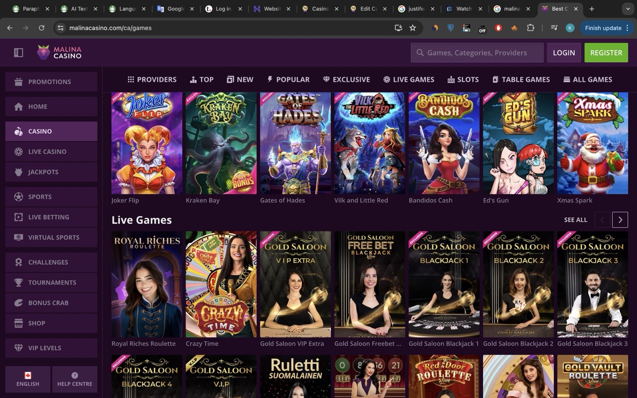 Interfaz de juegos de Malina Casino mostrando tragamonedas