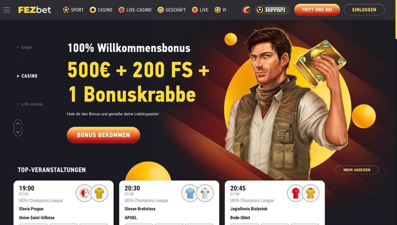 Schermata della homepage di Fezbet che mostra la navigazione e le offerte promozionali