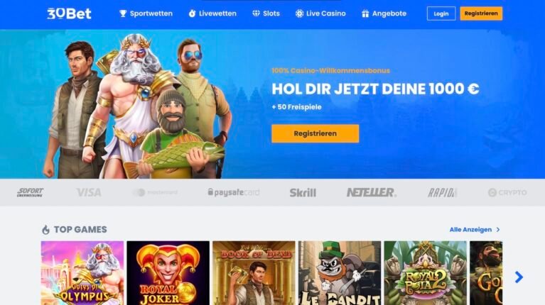 30Bet Casino Hompage Large